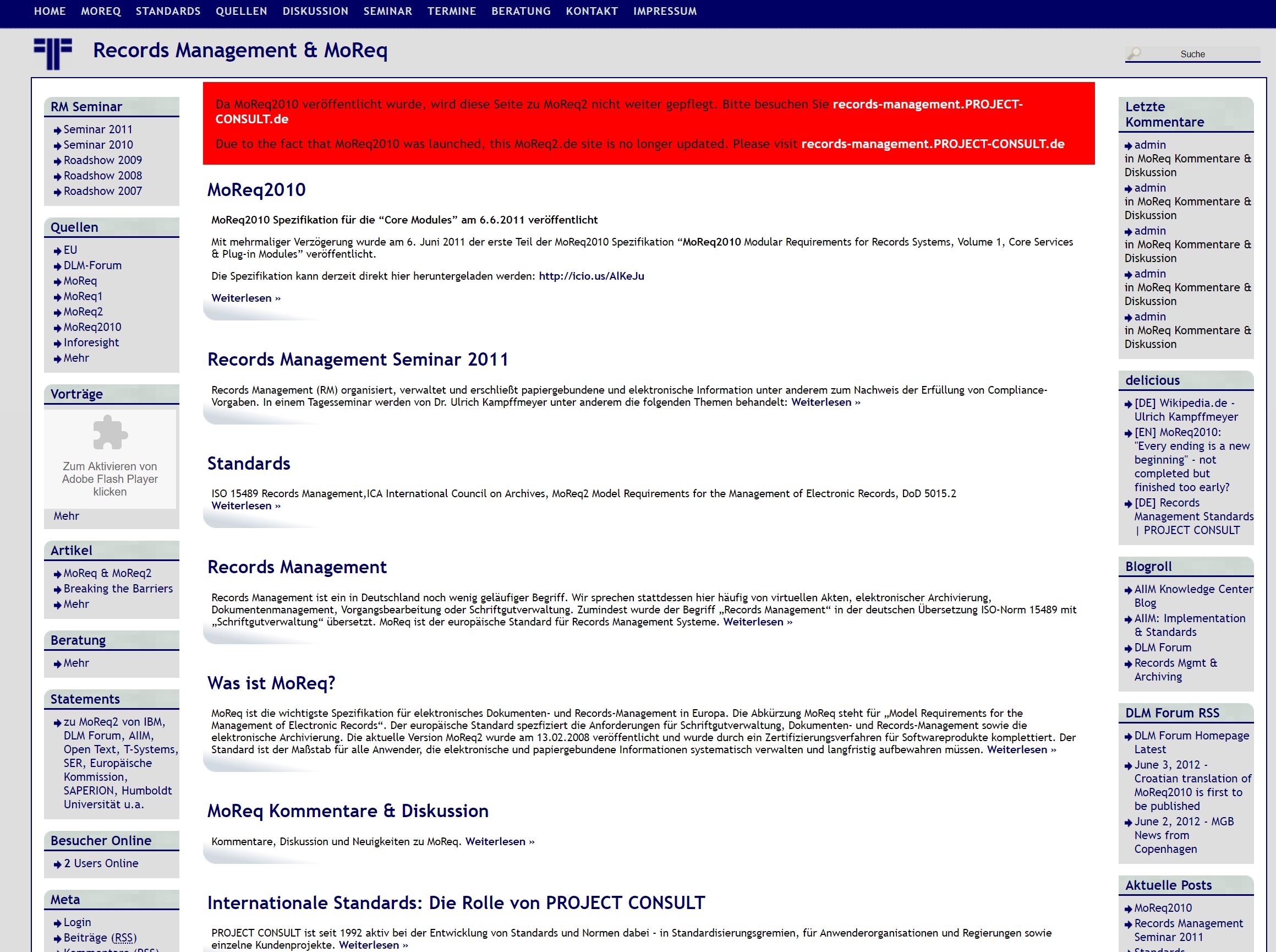 PROJECT CONSULT Records Management + MoReq2 Webseiten-Layout 2006