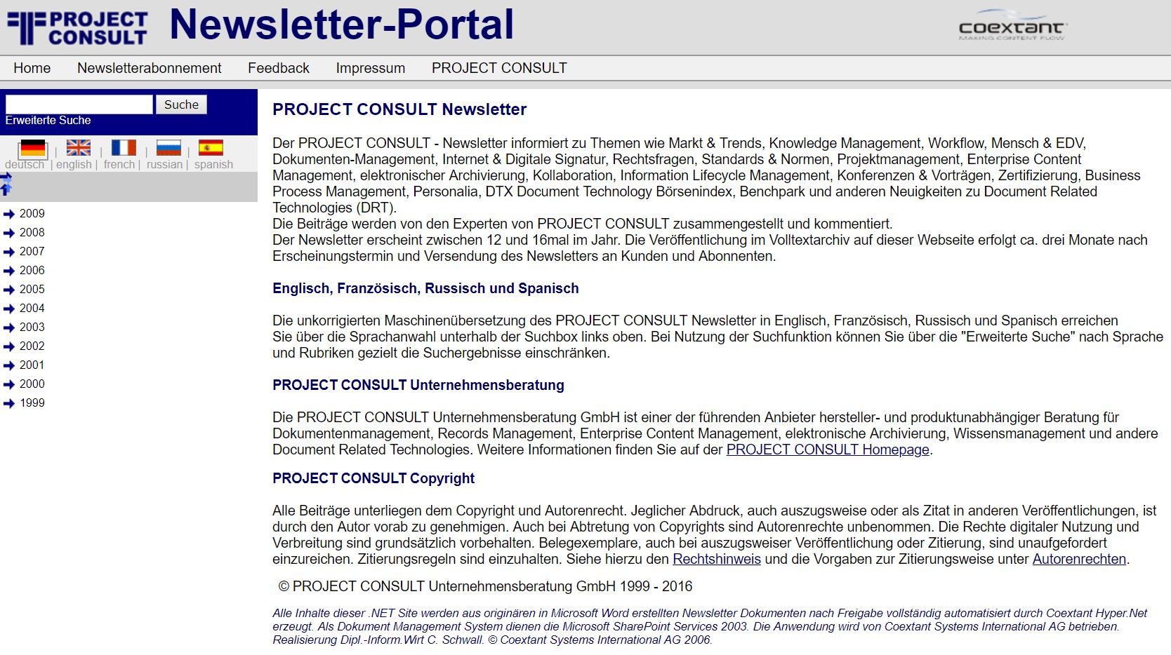 PROJECT CONSULT Newsletter Archiv bei Coextant 2006