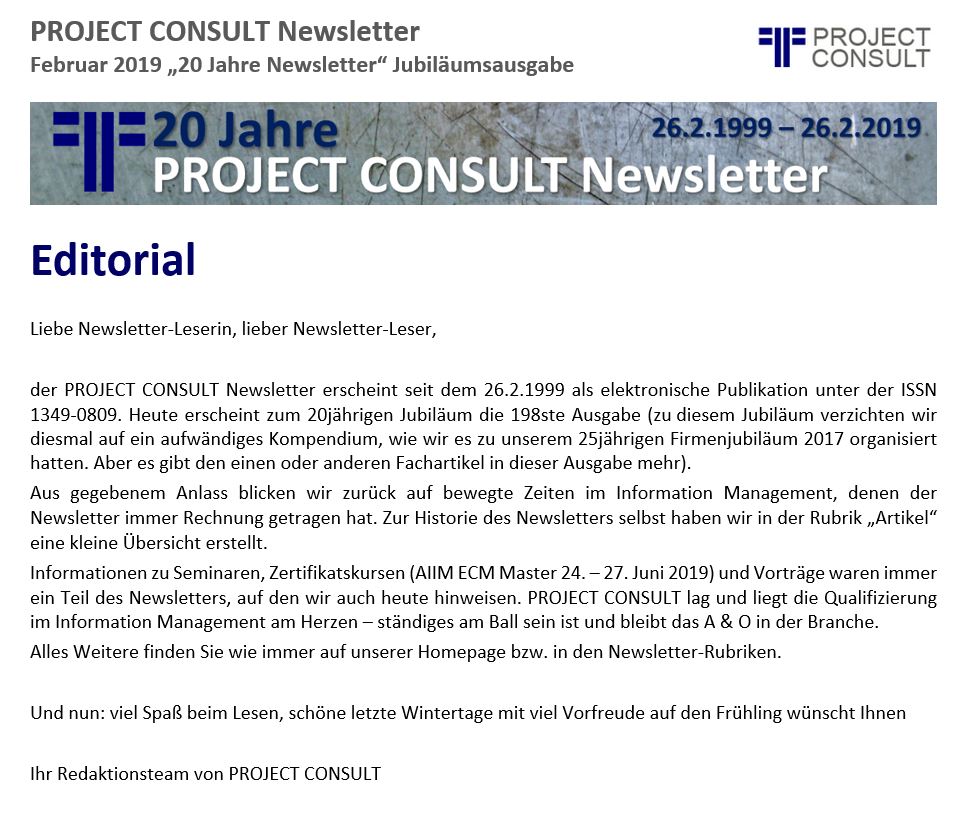 20 Jahre PROJECT CONSULT Newsletter