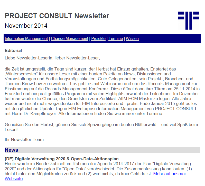 Der PROJECT CONSULT Kunden-Newsletter ab 2010